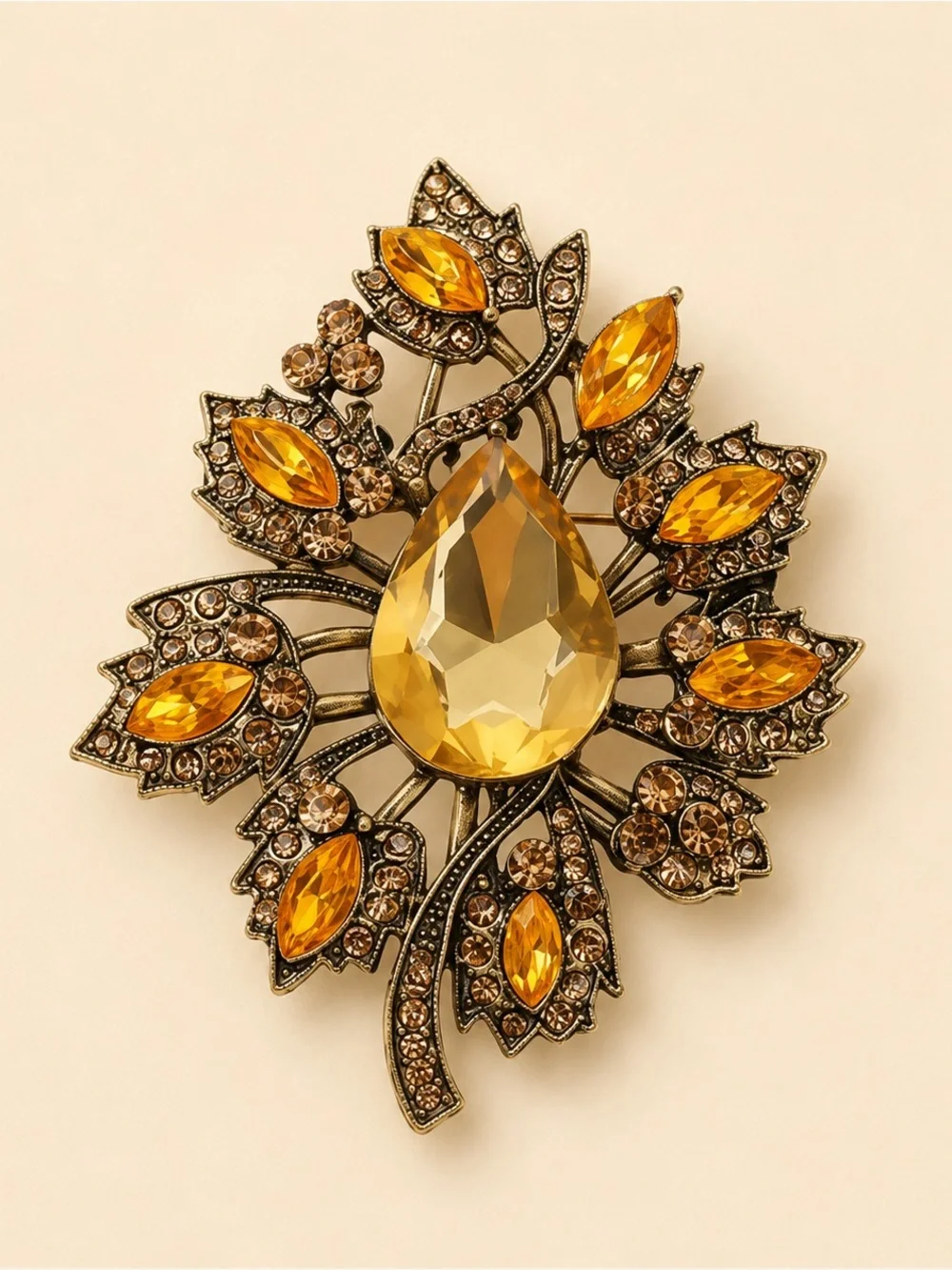 Autumn Amber Crystal Leaf Brooch